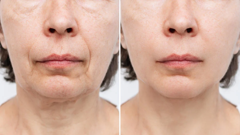 Lower Part Face Neck Elderly Woman With Signs Skin Aging Before After Facelift